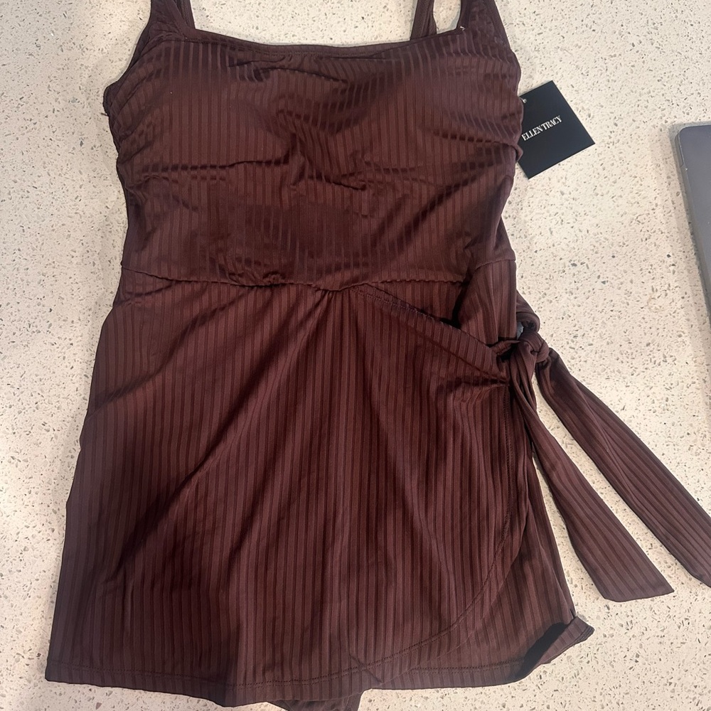 Ellen Tracy Brown Ribbed Wrap One-Piece Swimdress